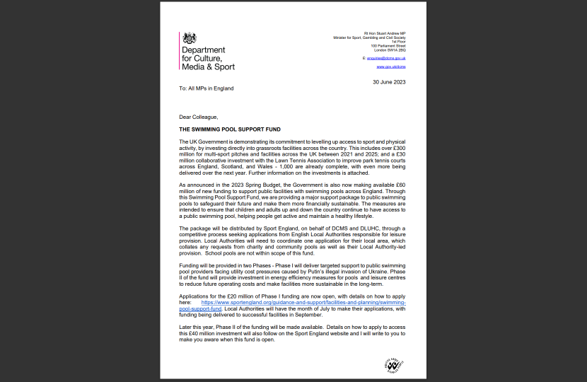 Letter from the Minister for Sport, Gambling and Civil Society